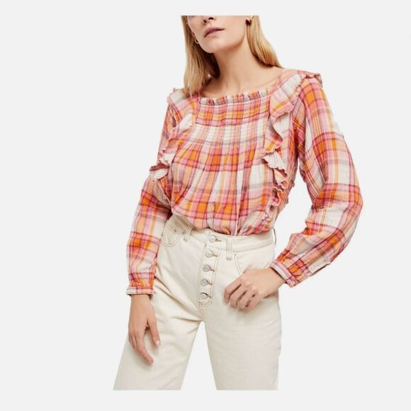 Free People Tea Combo Sienna Plaid Ruffle Blouse Multi XS - Picture 11 of 14